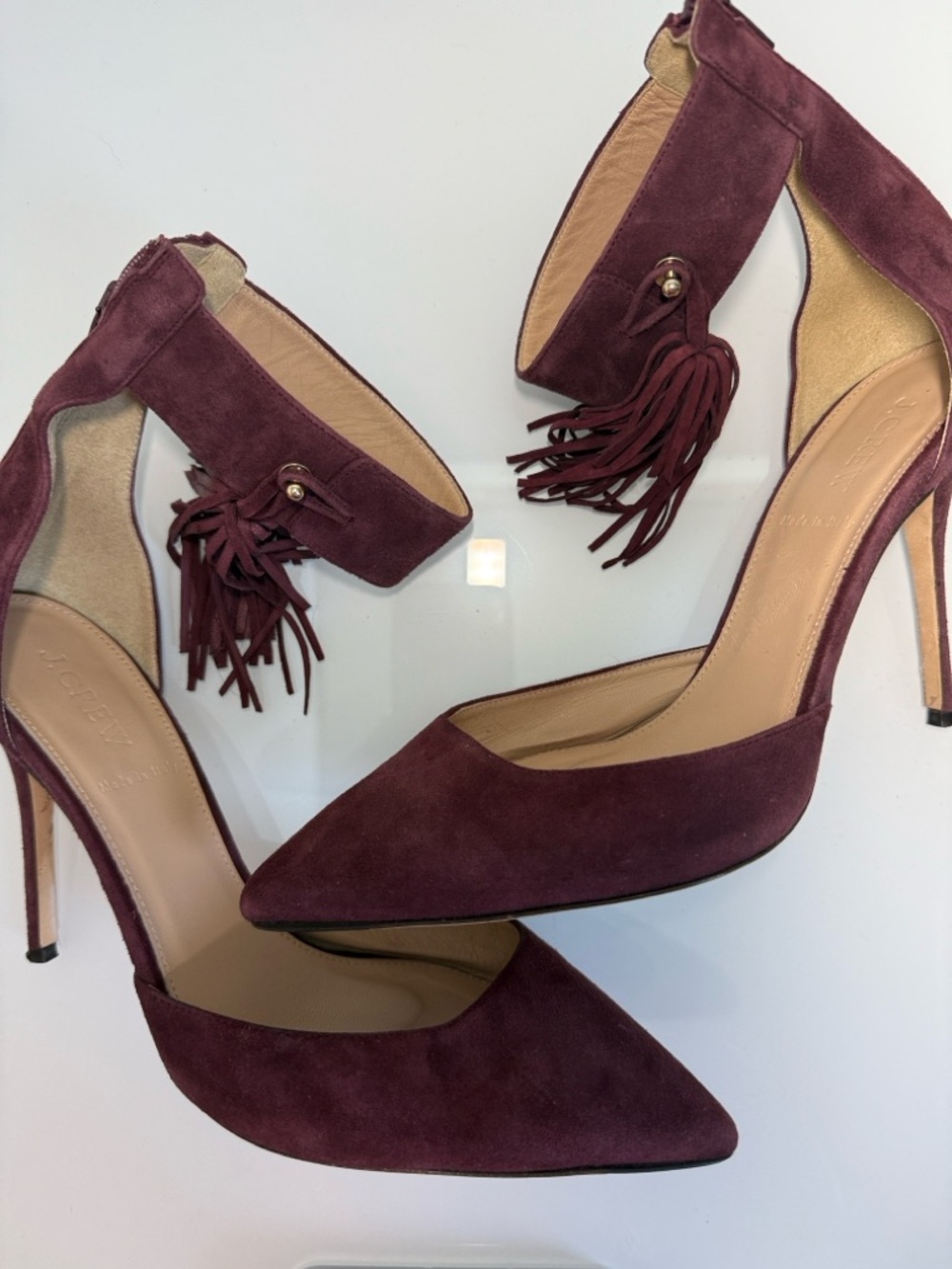 J. Crew Burgundy Suede Pointed-Toe Tassel Ankle-Strap Heels- Size 9